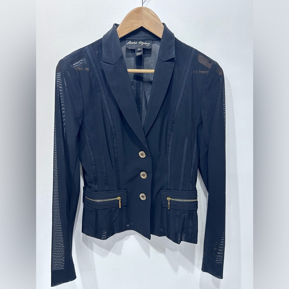 Sandra Angelozzi Black Mesh Blazer Gold Buttons Front Faux‎ Pockets Size 34